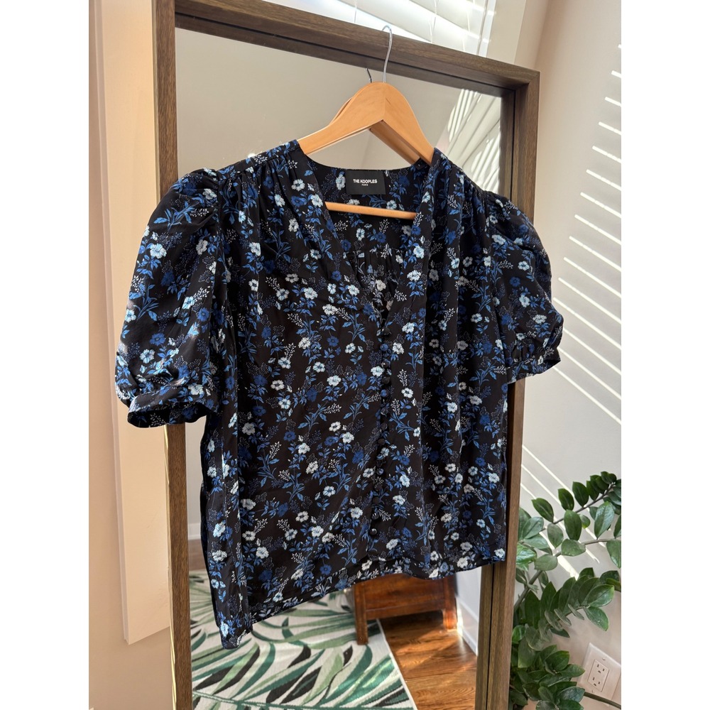 The Kooples Paris Black Floral Puff Sleeve  Blouse Shirt Women 100% Silk Blend